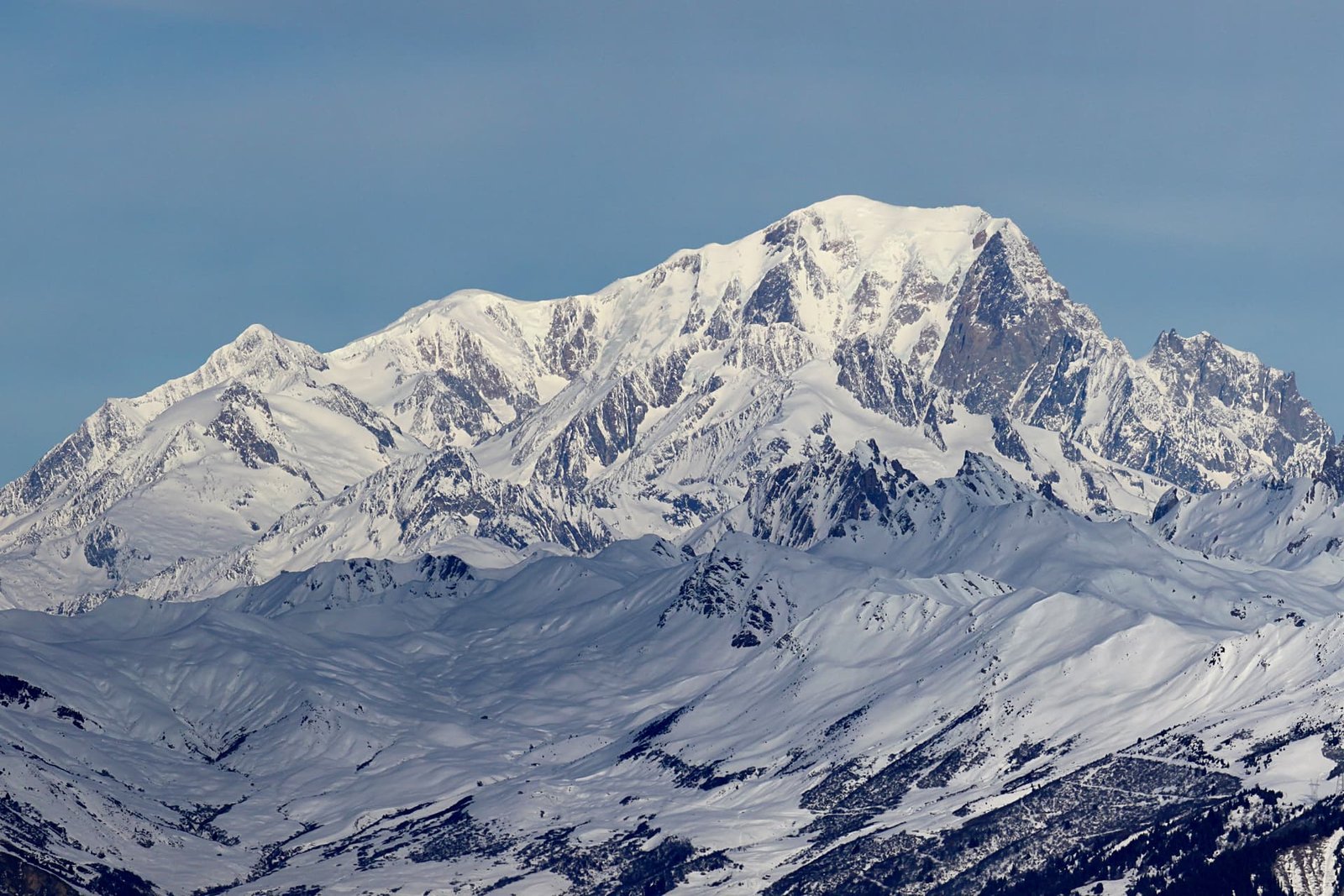 Le massif du Mont Blanc enneigé, vu de face, sous un ciel dégagé d'hiver.